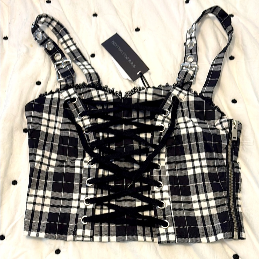 Widow Black and White Lace-Up Bustier Tank Top